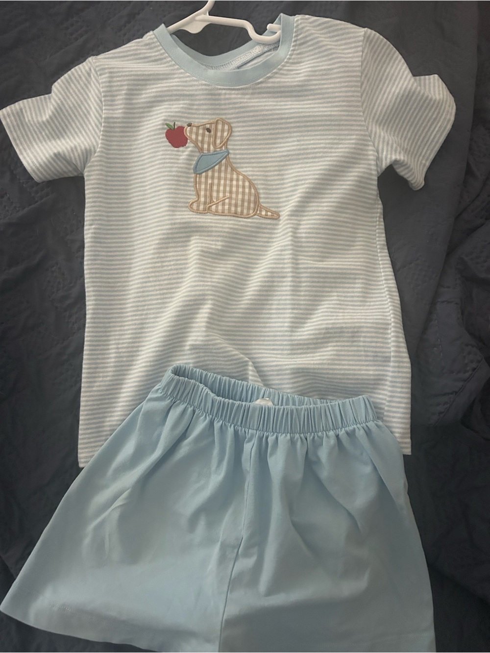Light Blue Striped Kids Stitchy Fish Set with Puppy Applique